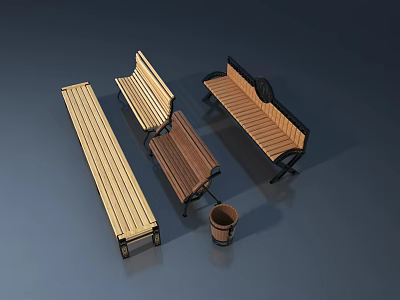 Different Styles of Wooden Benches with Various Colors and Wooden Bucket 3d model