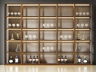 Modern Wine Cabinet With Golden Frame Multiple Shelves Wine Glasses And Bottles 3d model