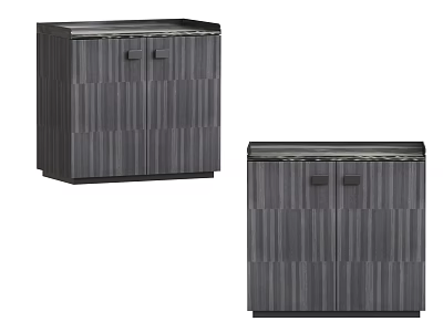 Two Modern Dark Wooden Striped Bedside Tables With Cabinet Doors And Handles 3d model