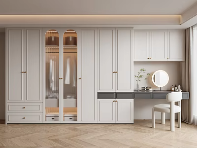 Modern White Wardrobe Interior With Glass Doors Drawers And Dressing Table Mirror Chair 3d model