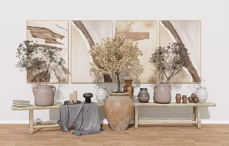 Wind Pottery Pot Wooden Stool Jewelry Ornaments Pottery Pot Wall Decoration Pendant Ornaments Combination Stool Pottery Pot Ornaments Combination 3d model