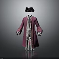 Elegant Historical Costume With Pink Coat White Pants Gold Buttons And Black Hat