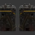 Two Aged Mechanical Devices With Worn Metal Structure Yellow Stripes And Green Details