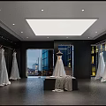 Bridal Shop Interior With Hanging Wedding Dresses Mannequin Display And City View Windows