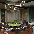 Private Dining Room Interior With Round Table Green Centerpiece Orange Chairs And Curved Green Chandelier