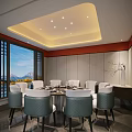 Elegant Private Dining Room Interior With Round Table Chairs And Mountain View Through Window 3d model