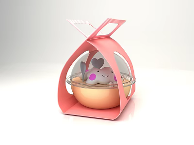 Cute Pink Decorative Ornament Set With Bow Frame Transparent Dome And White Animal Doll 3d model