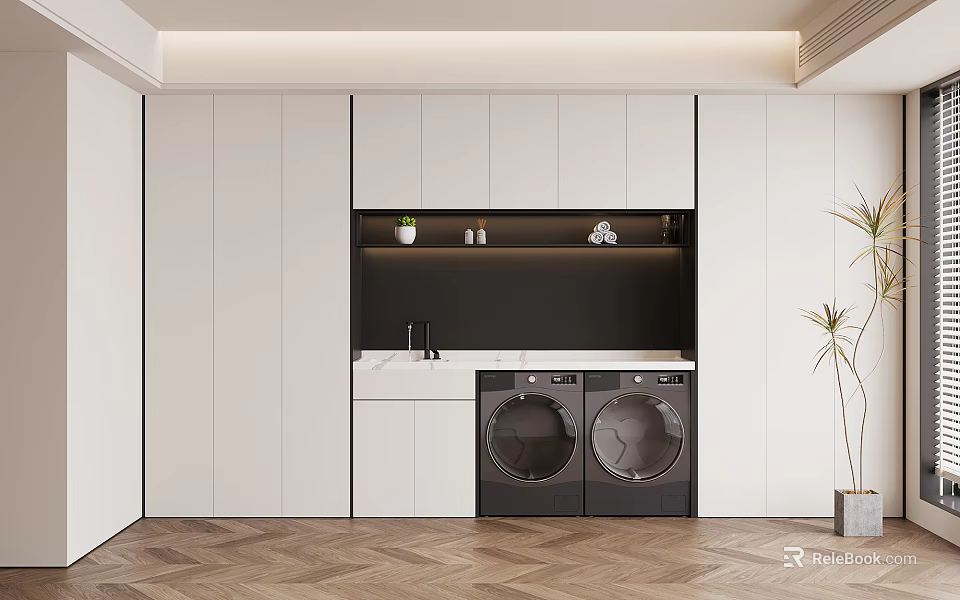 Modern Laundry Room Interior With White Cabinets Black Countertop Washing Machines And Herringbone Floor 3d model 