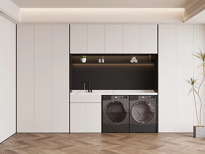 Modern Laundry Room Interior With White Cabinets Black Countertop Washing Machines And Herringbone Floor 3d model