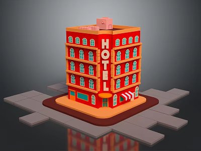 Vibrant Red Hotel Building With Multiple Floors Windows Hotel Sign And Striped Awning 3d model