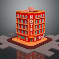 Vibrant Red Hotel Building With Multiple Floors Windows Hotel Sign And Striped Awning