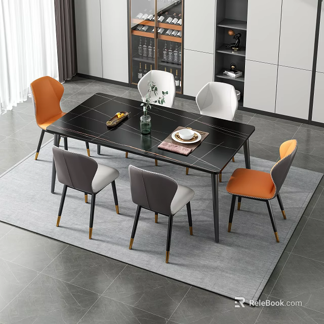Modern Dining Table Set with Orange Gray Chairs Black Tabletop Vase and Plate 3d model