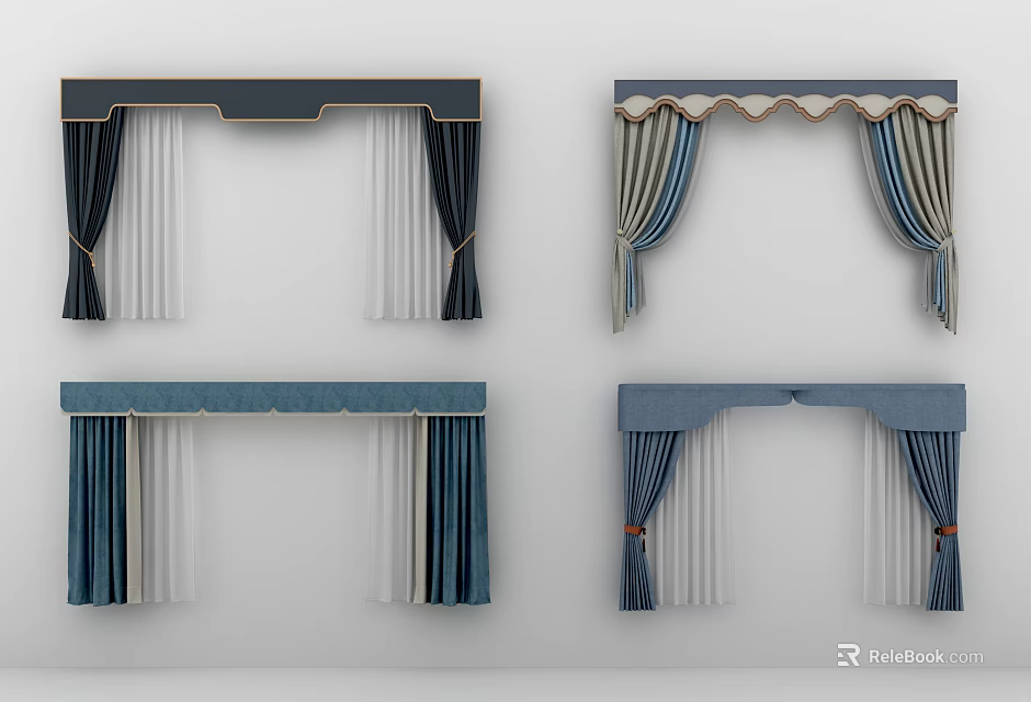 Blue And White Striped Curtains With Wave Edge And Tied Design For Home Decor 3d model 