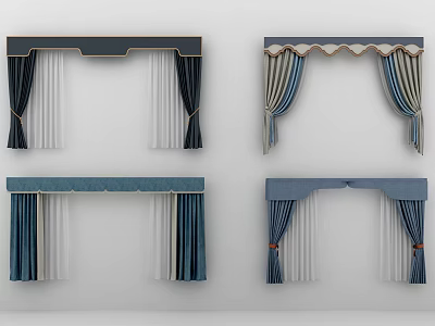 Blue And White Striped Curtains With Wave Edge And Tied Design For Home Decor 3d model