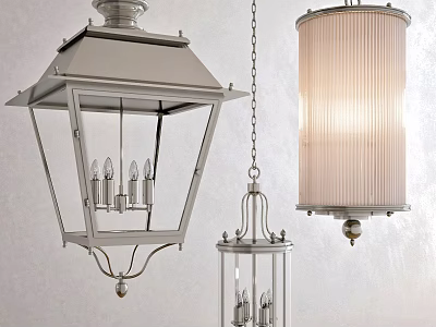 Various Design Pendant Lights With Glass Lantern Frame And Ribbed Shade For Interior Decor 3d model