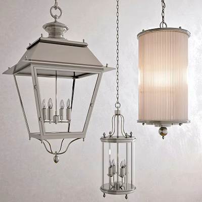 Various Design Pendant Lights With Glass Lantern Frame And Ribbed Shade For Interior Decor 3d model