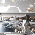 Space Themed Kids Room Interior Design With Rocket Cloud Star Wall Decor And Stuffed Toys