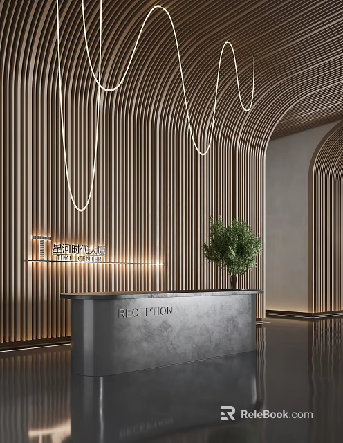 Elegant Hotel Lobby Interior Featuring Arched Design Reception Desk Wooden Slat Wall And Green Plant 3d model 