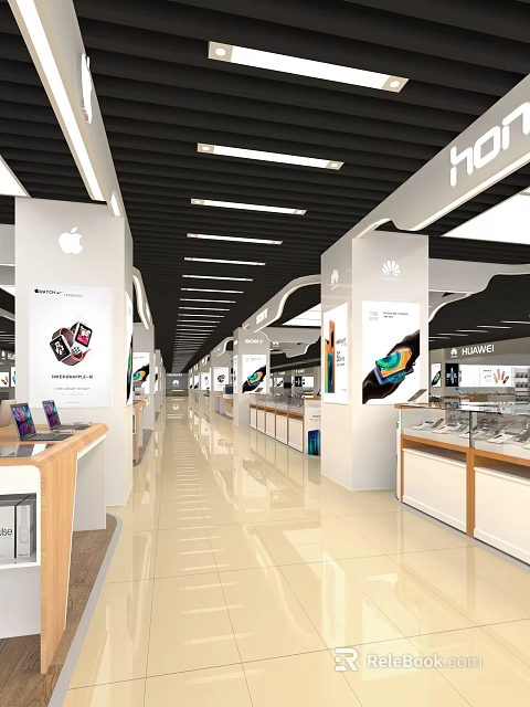 Modern Digital Store Interior With Apple Huawei Phone Displays And Glass Counters 3d model 
