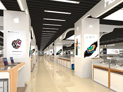 Modern Digital Store Interior With Apple Huawei Phone Displays And Glass Counters 3d model
