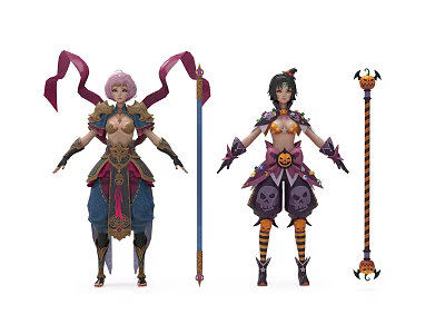Game Film Characters With Pink Green Hair Ornate Costumes Ribbons Skulls Staffs 3d model