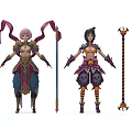 Game Film Characters With Pink Green Hair Ornate Costumes Ribbons Skulls Staffs