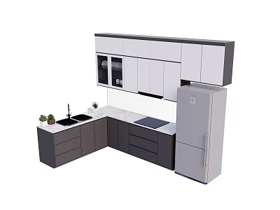 Modern Kitchen Interior With White And Gray Cabinets Countertop Sink And Refrigerator 3d model