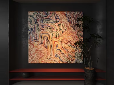 Colorful Swirl Textures Oil Painting On Dark Wall With Green Plant Black Pot And Sphere 3d model