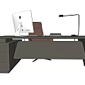 Modern Office Desk Setup With Apple iMac Monitor Brown Chair And Desk Lamp