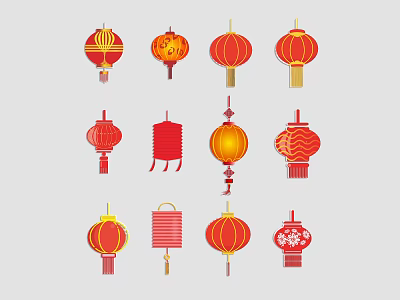 Traditional Chinese Red Lanterns With Various Decorative Styles And Patterns 3d model