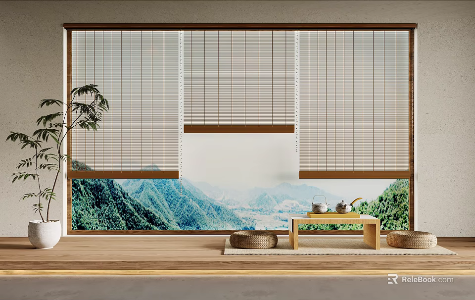 Tea Set Display By Window With Bamboo Blinds Mountain View Greenery And Wooden Floor 3d model 