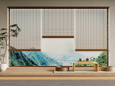 Tea Set Display By Window With Bamboo Blinds Mountain View Greenery And Wooden Floor 3d model