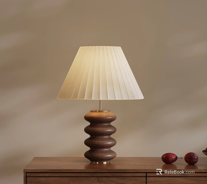 Wooden Table Lamp With Pleated Cream Shade Spiral Base And Red Decorative Ornaments 3d model 