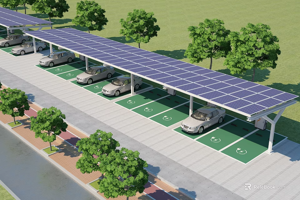 Roadside Facilities Featuring Solar Panel Covered Parking Area With Green Markings And Trees 3d model 