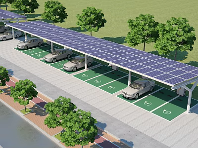 Roadside Facilities Featuring Solar Panel Covered Parking Area With Green Markings And Trees 3d model