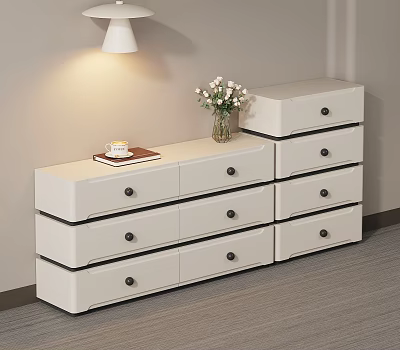 White Chest of Drawers with Black Knobs Vase of Flowers and Table Lamp in Interior 3d model