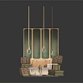 Cartoon Scene with Suitcases on Bench Green Panels and Hanging Rings