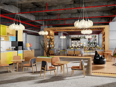 Modern Industrial Lounge Area With Pendant Lights And Colorful Chairs 3d model