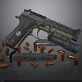 Detailed Tactical Pistol With Scattered Bullets And Magazine On Dark Surface