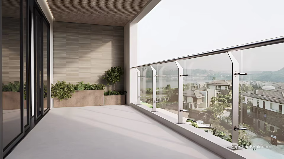 Modern Balcony With Glass Railing Outdoor View And Potted Plants 3d model 