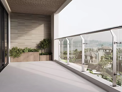 Modern Balcony With Glass Railing Outdoor View And Potted Plants 3d model