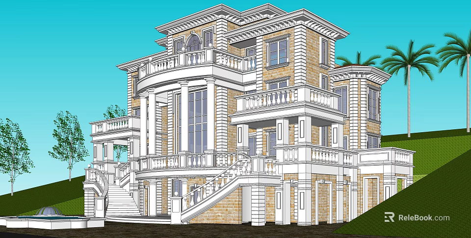 European Style Detached Villa With White Railings Balconies Large Windows And Staircase 3d model 