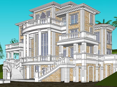 European Style Detached Villa With White Railings Balconies Large Windows And Staircase 3d model