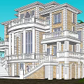 European Style Detached Villa With White Railings Balconies Large Windows And Staircase