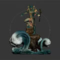 Mythical Sea Creature Warrior With Trident Standing On Turquoise Wave Rock In Ornate Armor