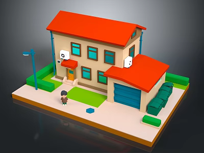 3D Model House With Red Roof Blue Garage Lawn Street Lamp Trash Bins And Figure 3d model