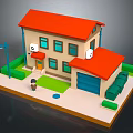 3D Model House With Red Roof Blue Garage Lawn Street Lamp Trash Bins And Figure