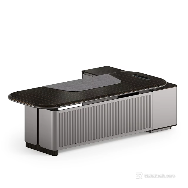 Modern Office Desk With Dark Wooden Top And Gray Storage Cabinet Design 3d model 