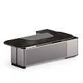 Modern Office Desk With Dark Wooden Top And Gray Storage Cabinet Design