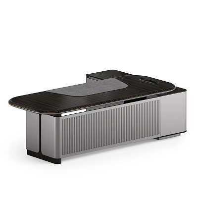 Modern Office Desk With Dark Wooden Top And Gray Storage Cabinet Design 3d model